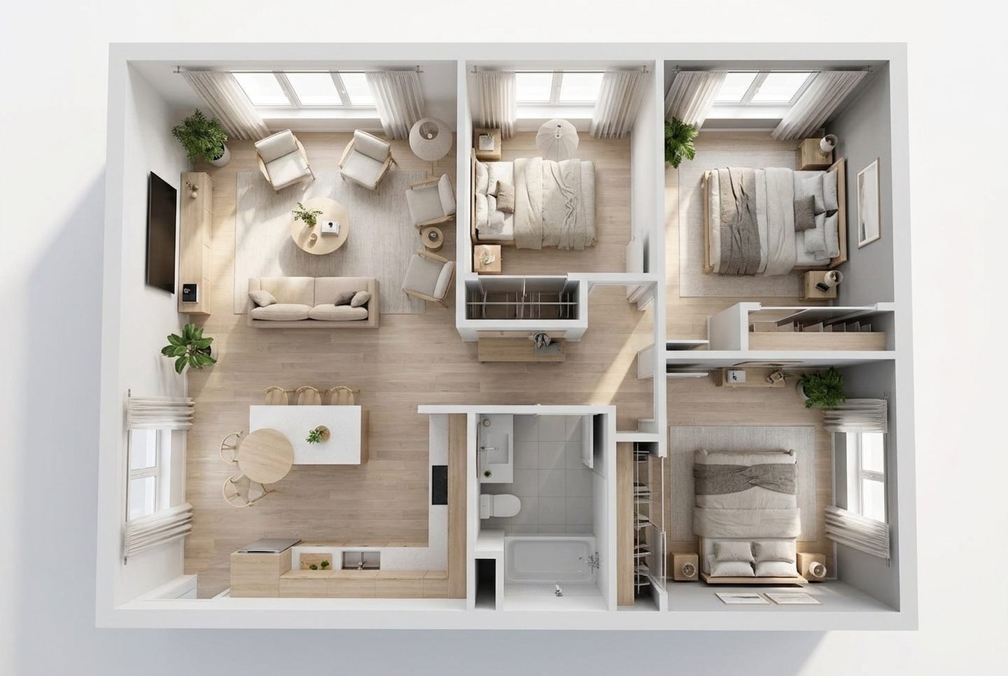 The plan rendered as a furnished home seen from above: the same rooms and walls, real floors and furniture.