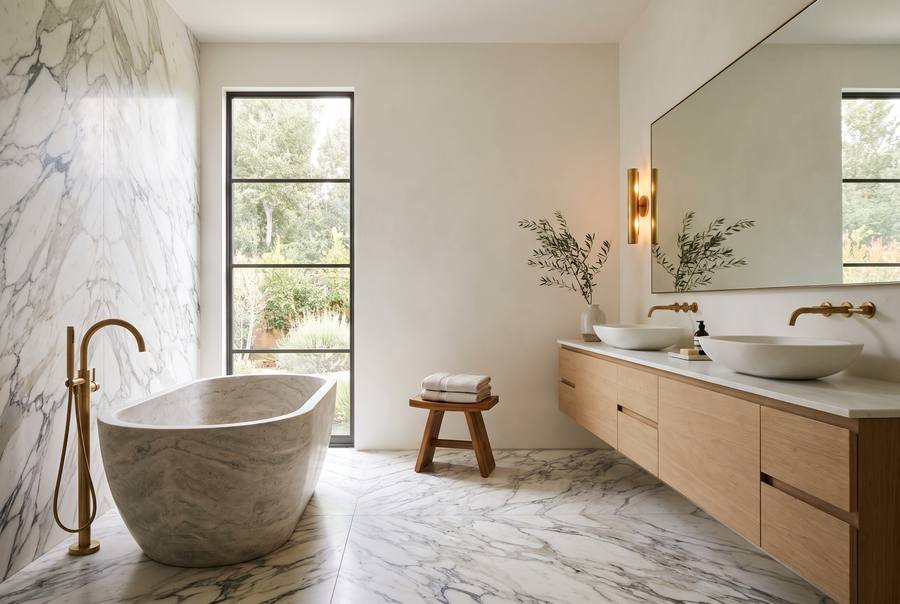 The same bathroom after a full redesign: book-matched marble, a freestanding stone tub under the window, oak vanity, brass.