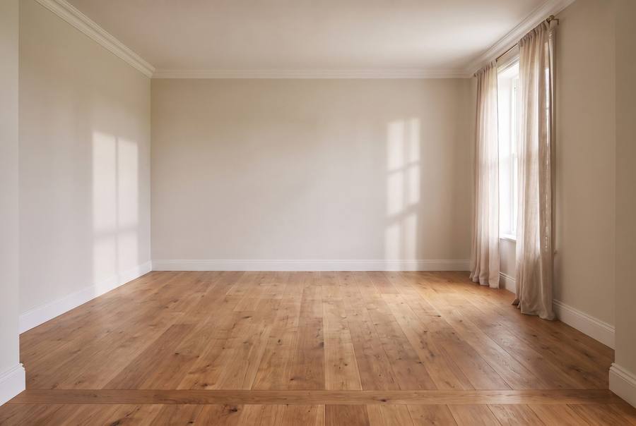 The same bedroom empty: bare oak boards, one curtained window, sunlight on the wall.