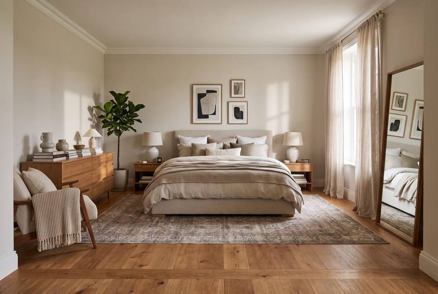 A bedroom furnished: an upholstered bed with layered bedding, two bedside tables with lamps, a chest of drawers, a tall mirror by the window.