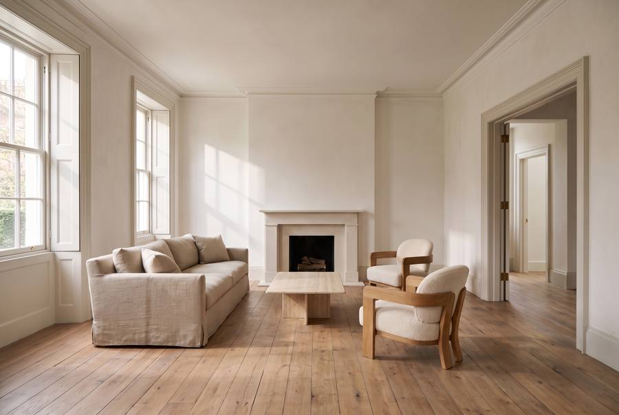 The furnished room undecorated: sofa and chairs on bare boards, bare mantel, bare walls.