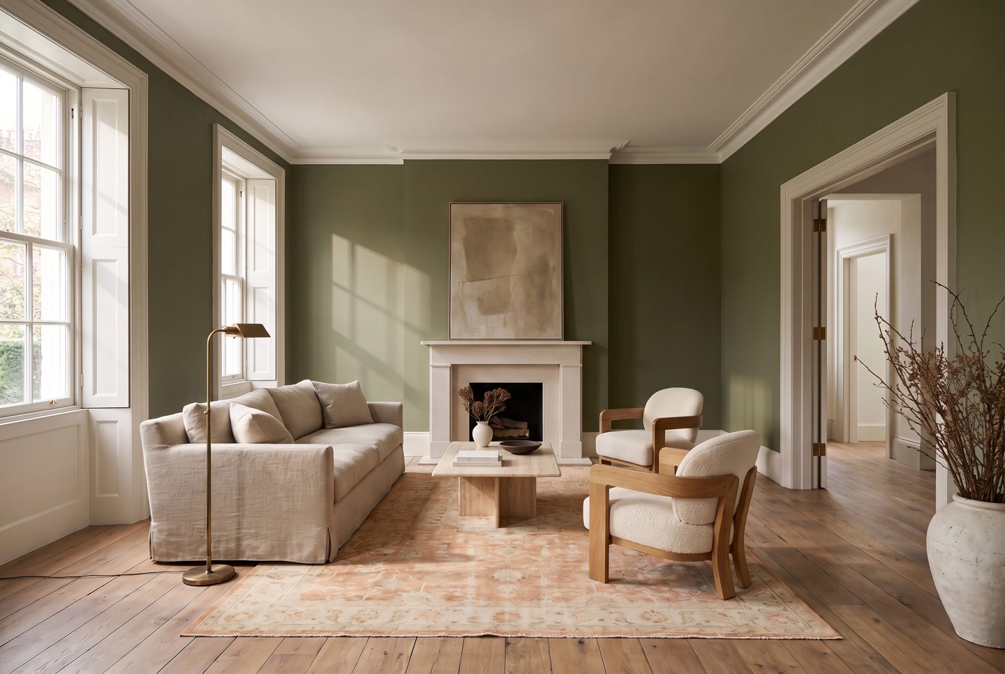 The same room with the walls repainted a deep olive green; furniture, floor and lighting unchanged.