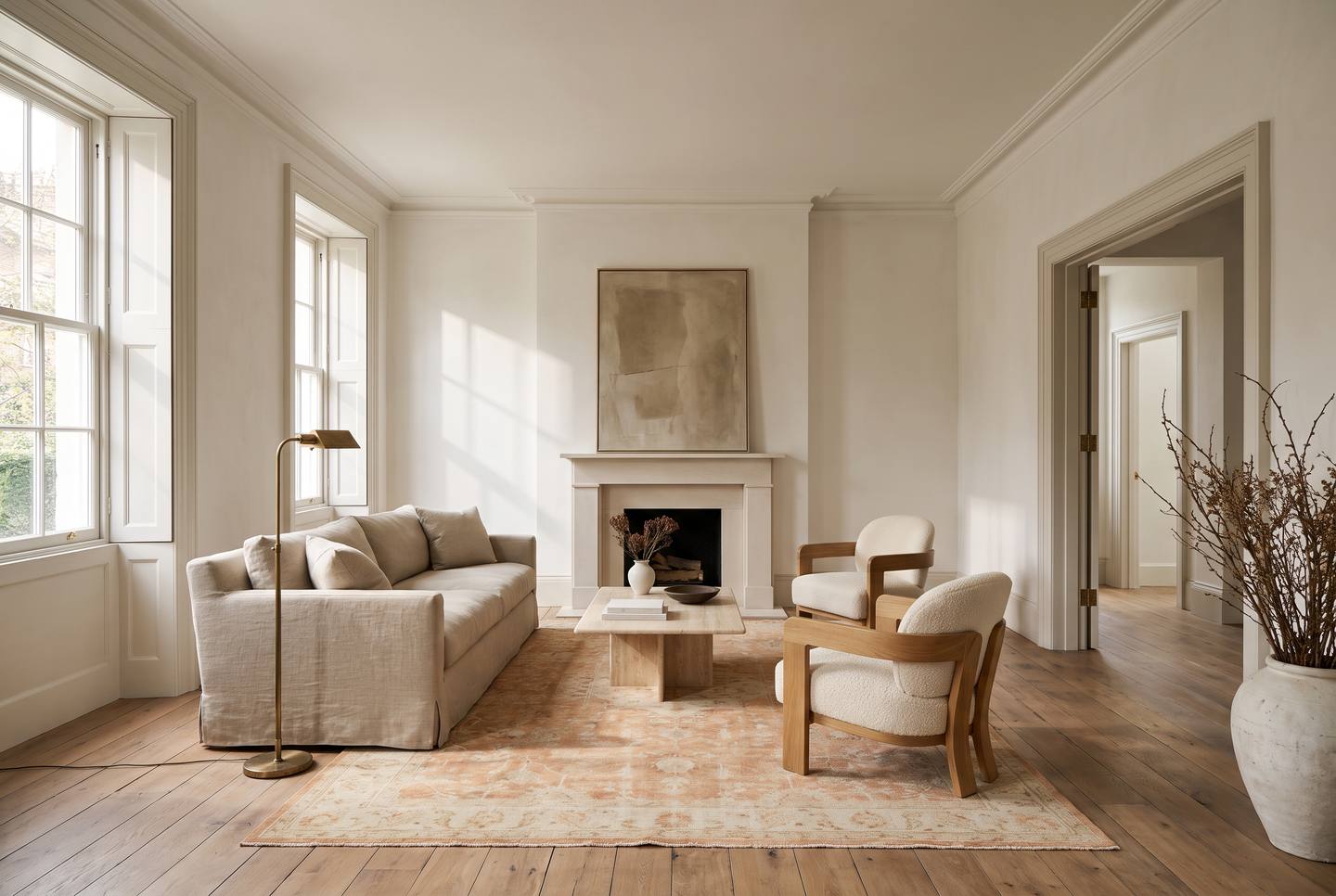 The same Georgian living room furnished: a linen sofa and two oak armchairs on an antique rug before a limestone chimneypiece, tall sash windows with folded-back shutters.