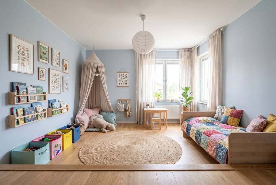 The child's room as it was found: bed, desk, toy storage, rug.