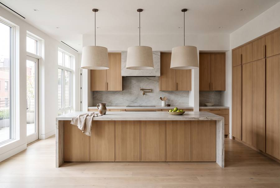 The finished kitchen: oak cabinetry, a quartzite island, three pendants, the same windows.